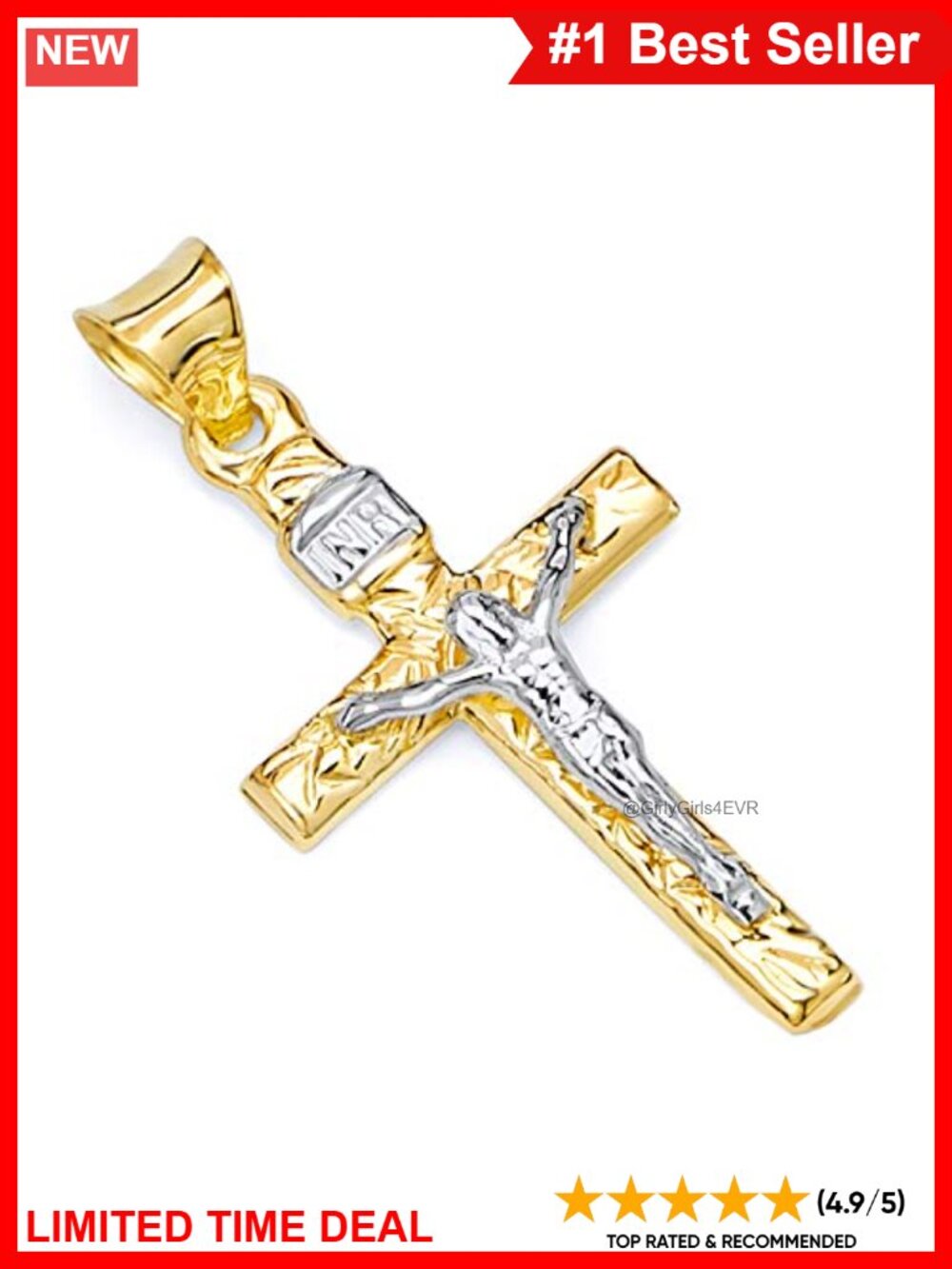 14K Solid Two Tone Gold Crucifix Cross Charm Pendant Religious Fine Jewelry
